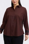 Foxcroft Brooke Grosgrain Trim Cotton Button-up Shirt In Brown