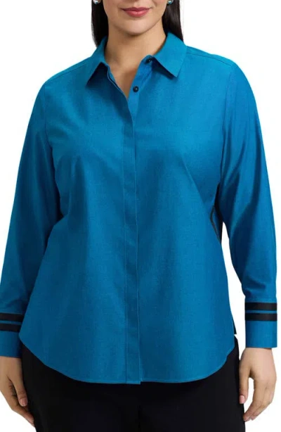 FOXCROFT FOXCROFT BROOKE GROSGRAIN TRIM COTTON BUTTON-UP SHIRT