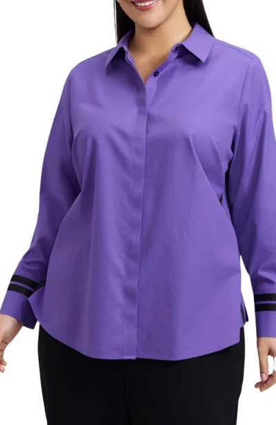 Foxcroft Brooke Grosgrain Trim Cotton Button-up Shirt In Purple