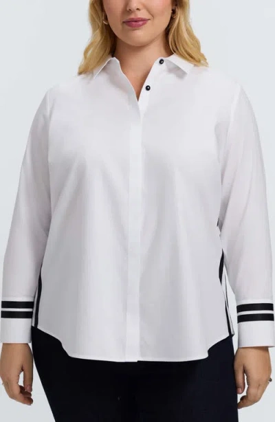 Foxcroft Brooke Grosgrain Trim Cotton Button-up Shirt In White