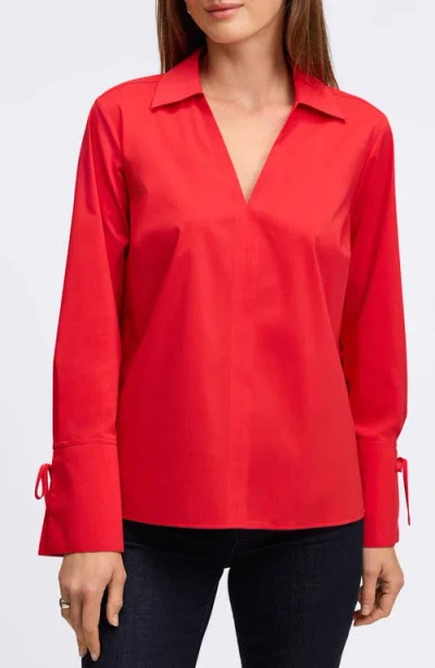 Foxcroft Carla Tie Cuff Cotton Blend Popover Top In Simply Red