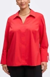 Foxcroft Carla Tie Cuff Cotton Blend Popover Top In Simply Red