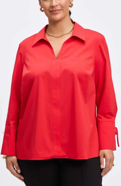 Foxcroft Carla Tie Cuff Cotton Blend Popover Top In Simply Red