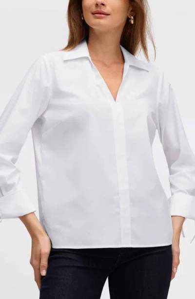 Foxcroft Carla Tie Cuff Cotton Blend Popover Top In White