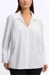 Foxcroft Carla Tie Cuff Cotton Blend Popover Top In White