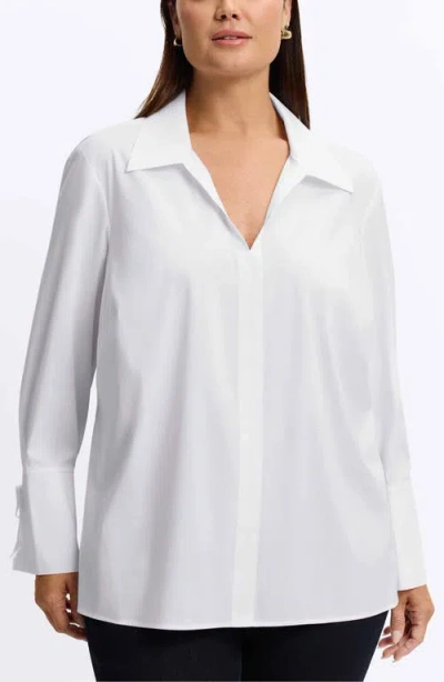 Foxcroft Carla Tie Cuff Cotton Blend Popover Top In White