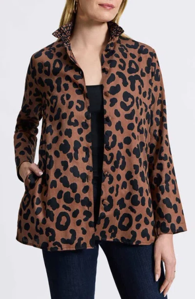 Foxcroft Carolina Animal Print Cotton Sateen Button-up Shirt In Macchiato/black