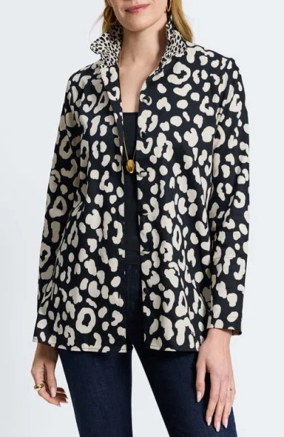 Foxcroft Carolina Animal Print Cotton Sateen Button-up Shirt In Silver Birch/ Black