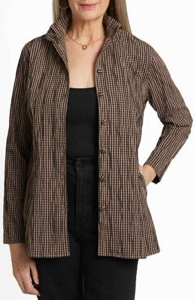 Foxcroft Carolina Crinkled Gingham Cotton Blend Shirt Jacket In Almond/ Black