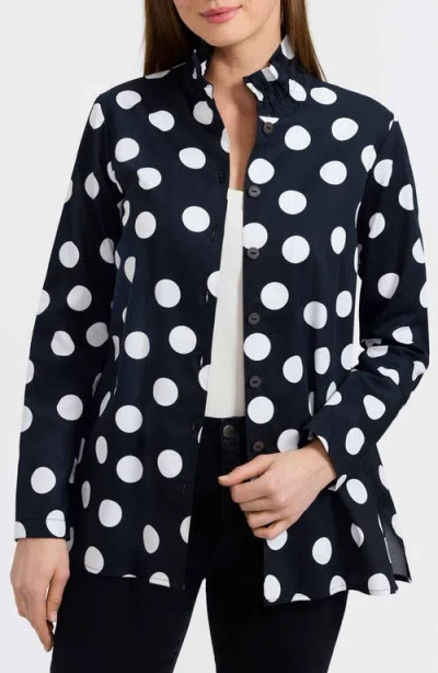 Foxcroft Carolina Dot Print Cotton Button-up Shirt In Blue
