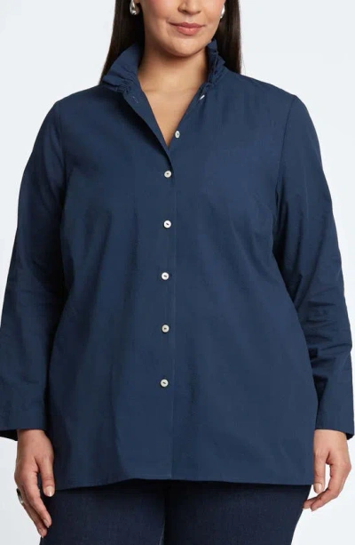 Foxcroft Carolina Seersucker Cotton Blend Button-up Shirt In Navy