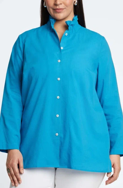 Foxcroft Carolina Seersucker Cotton Blend Button-up Shirt In True Blue