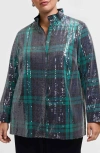 Foxcroft Carolina Sequin Plaid Cotton Blend Button-up Shirt In Animal Print
