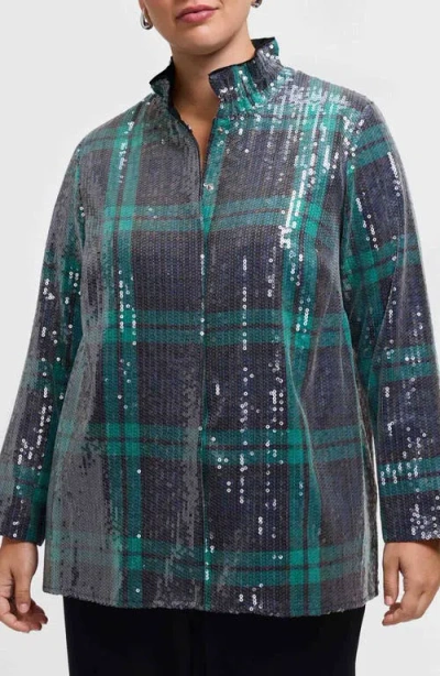 Foxcroft Carolina Sequin Plaid Cotton Blend Button-up Shirt In Animal Print