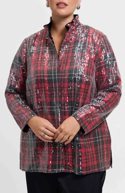 Foxcroft Carolina Sequin Plaid Cotton Blend Button-up Shirt In Animal Print