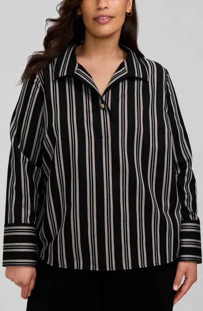 Foxcroft Catalina Stripe Cotton Blend Popover Top In Black