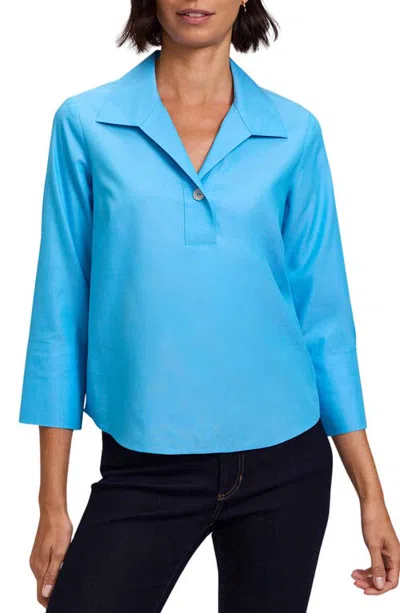 Foxcroft Catalina Three-quarter Sleeve Pinpoint Oxford Top In Blue
