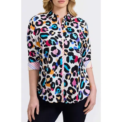 Foxcroft Charlie Colorful Leopard Print Cotton Button-up Shirt In White Multi