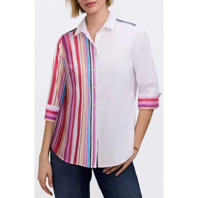 Foxcroft Charlie Colorful Mixed Stripe Button-up Shirt In White