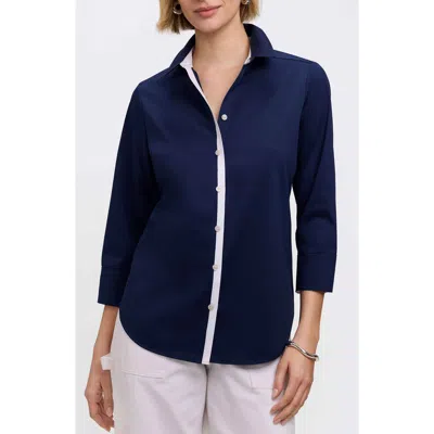 Foxcroft Charlie Contrast Trim Cotton Blend Button-up Shirt In Blue