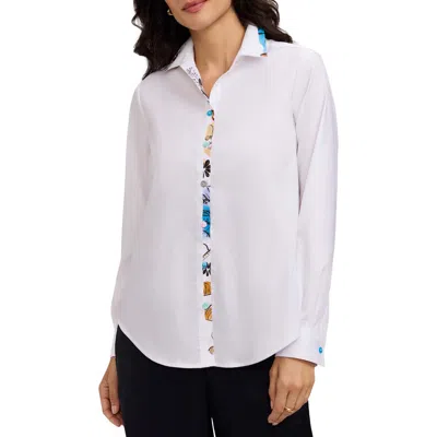 Foxcroft Charlie Floral Trim Cotton Blend Button-up Shirt In White