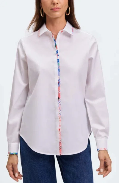 Foxcroft Charlie Floral Trim Cotton Blend Button-up Shirt In White