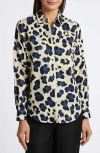 Foxcroft Charlie Leopard Print Cotton Button-up Shirt In Pacific Blue Mu