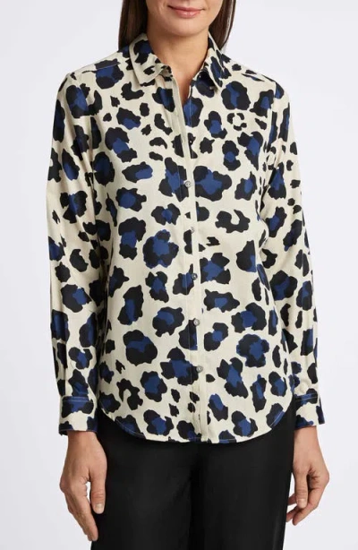 Foxcroft Charlie Leopard Print Cotton Button-up Shirt In Pacific Blue Mu