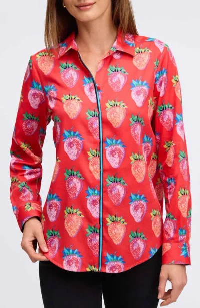 Foxcroft Charlie Strawberry Print Cotton Button-up Shirt In Multi
