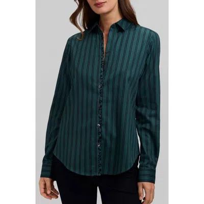 Foxcroft Charlie Stripe Animal Print Trim Cotton Button-up Shirt In Green