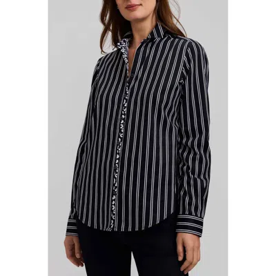 Foxcroft Charlie Stripe Animal Print Trim Cotton Button-up Shirt In Black