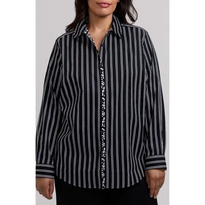 Foxcroft Charlie Stripe Animal Print Trim Cotton Button-up Shirt In Black
