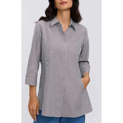 Foxcroft Cici Stripe Cotton Tunic Shirt In Gray