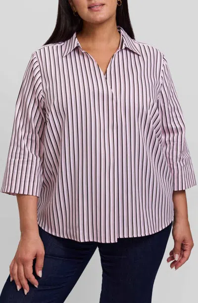 Foxcroft Cleo Stripe Cotton Sateen Popover Shirt In Pink/espresso Brown