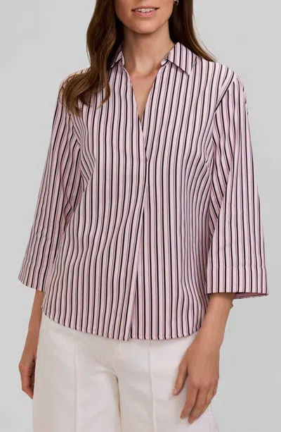 Foxcroft Cleo Stripe Three-quarter Sleeve Popover In Pink/espresso Brown