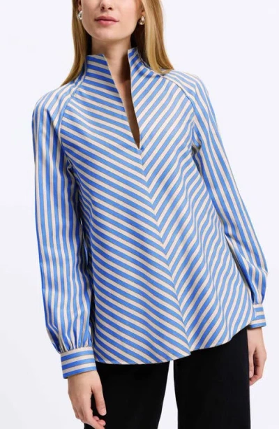 Foxcroft Daphne Stripe Stretch Cotton Blend Button-up Shirt In Cobalt Blue/neu