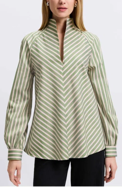 Foxcroft Daphne Stripe Stretch Cotton Blend Button-up Shirt In Olive/neutral