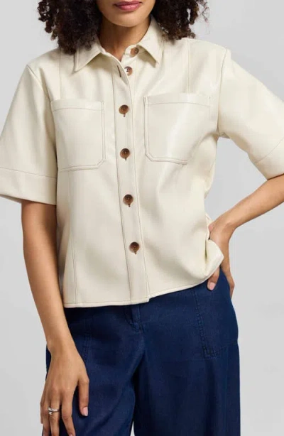 Foxcroft Demi Elbow Sleeve Faux Leather Button-up Shirt In White