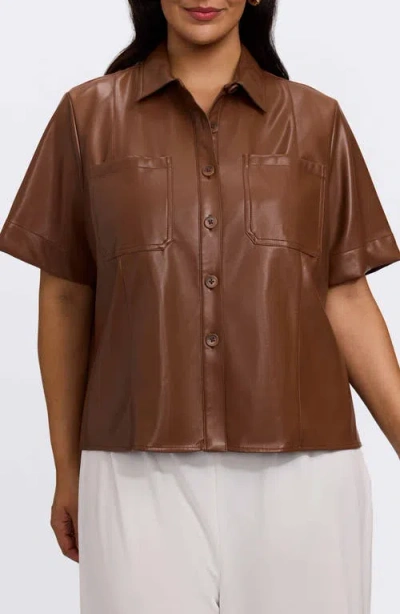 Foxcroft Demi Elbow Sleeve Faux Leather Button-up Shirt In Brown