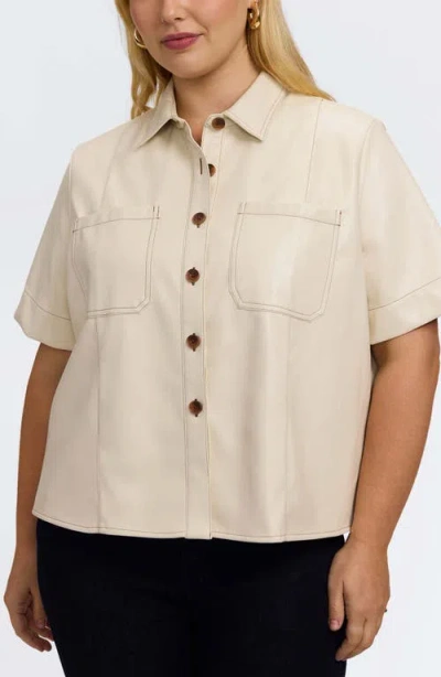 Foxcroft Demi Elbow Sleeve Faux Leather Button-up Shirt In Neutral