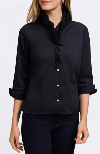 Foxcroft Edith Ruffle Button-up Shirt In Black