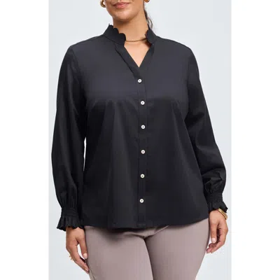 Foxcroft Elora Scallop Cotton Blend Button-up Shirt In Black
