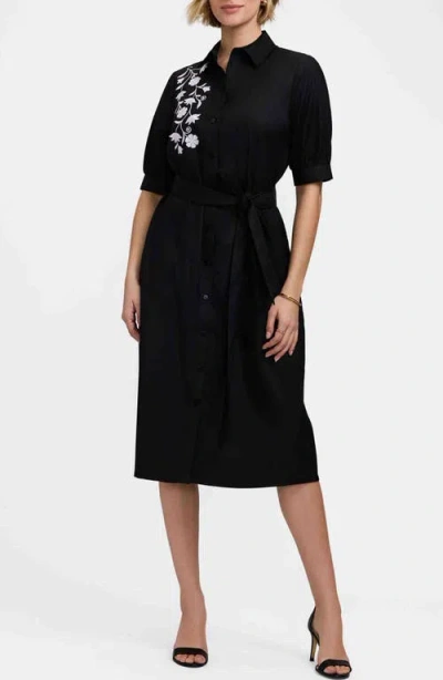 Foxcroft Esther Belted Floral Embroidered Cotton Blend Shirtdress In Black