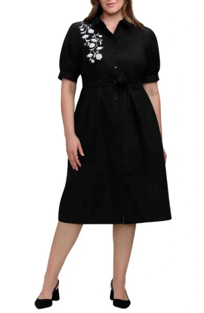 Foxcroft Esther Belted Floral Embroidered Cotton Blend Shirtdress In Black