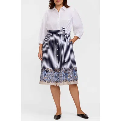 Foxcroft Esther Belted Stripe & Paisley Print Shirtdress In White