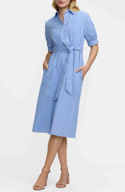 Foxcroft Esther Belted Stripe Cotton Shirtdress In Blue