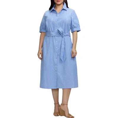 Foxcroft Esther Belted Stripe Cotton Shirtdress In Blue
