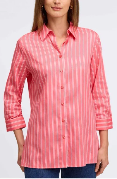 Foxcroft Evelyn Stripe Three-quarter Sleeve Cotton Button-up Shirt In Pink