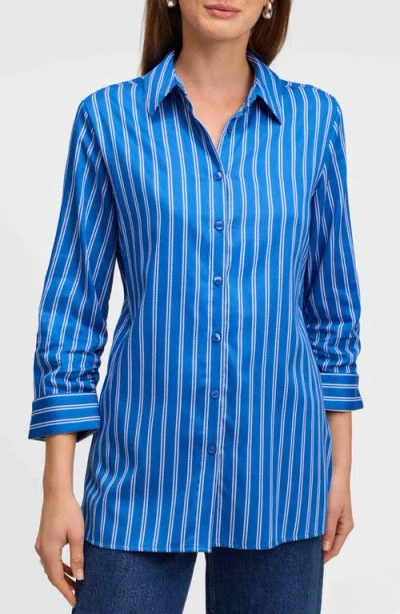 Foxcroft Evelyn Stripe Three-quarter Sleeve Cotton Button-up Shirt In Blue