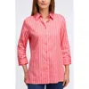 Foxcroft Evelyn Stripe Three-quarter Sleeve Cotton Button-up Shirt In Pink